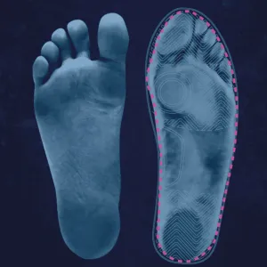 feet from a bottom up view in an xray style, one foot has a shoe outline